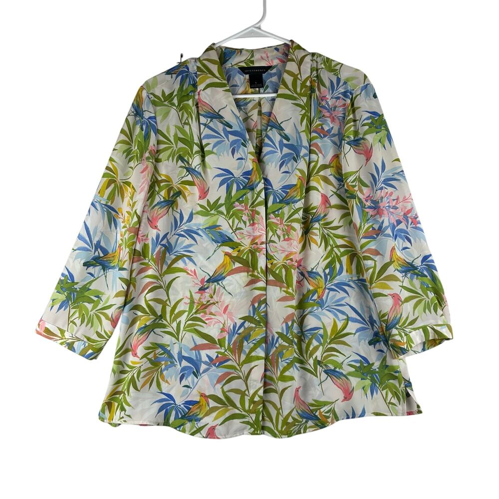Investments 3/4 Slv Blouse Women's Large Tropical Botanical Birds Coastal Career